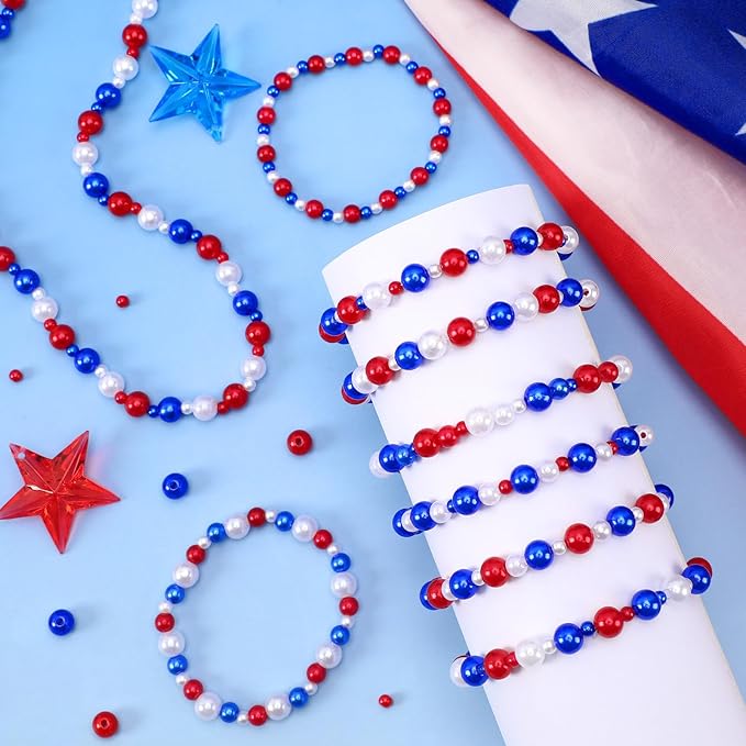UPINS 1200Pcs Red White Blue Beads,8mm 4th of July Beads Independence Day Patriotic Pearl Beads for Jewelry Making Party Decoration Necklace Bracelets Earrings Hair Beads DIY Crafts Supplies