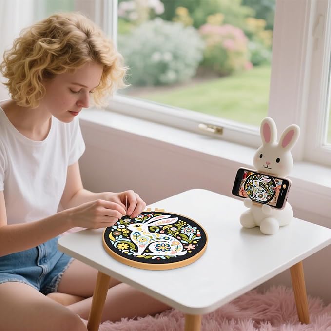 Crafmanoe Embroidery Kits for Beginners Adults, Flowers Rabbit Embroidery Starter Kits, Counted Cross Stitch Kits for Beginners Adults Hobbies Set for Women, Embroidery Hoops, Thread & Video Tutorial
