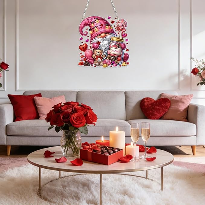GHHKUD Gnome Diamond Art Hanging Kit for Adults, DIY Double Sided Diamond Painting Hanging Valentines Lollipops Kits Adults, Special Shaped Acrylic Ornaments Pendants for Window Home Garden Wall