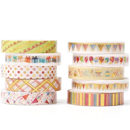 YUBBAEX 10 Rolls Sparkling Washi Tape Set 8mm Skinny Gold Foil Decorative Masking Washi Tapes for Bullet Journal,Scrapbook, Planner, DIY Crafts (Party Elements)
