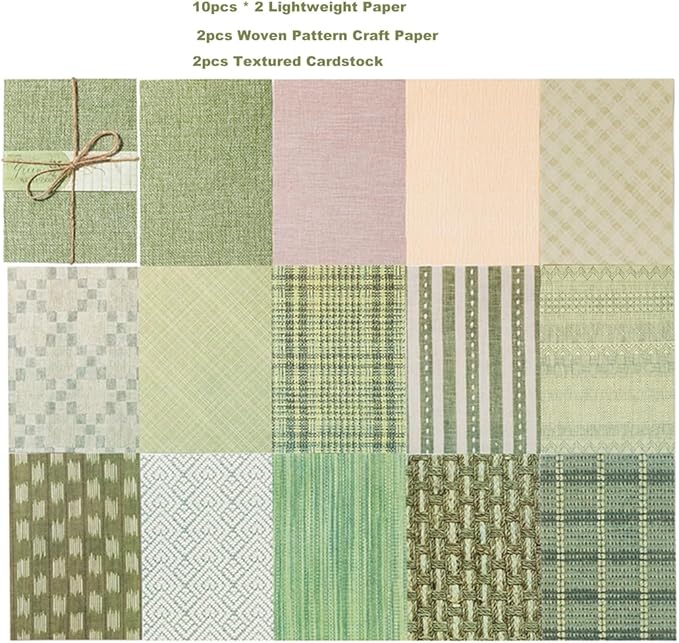 24 Sheets Vintage Linen Scrapbook Paper Embossed Textured Paper Kit Collage Supplies for Decoupage Crafts Scrapbooking Card Making Bulletin Board Junk Journalling Embellishment (Green)