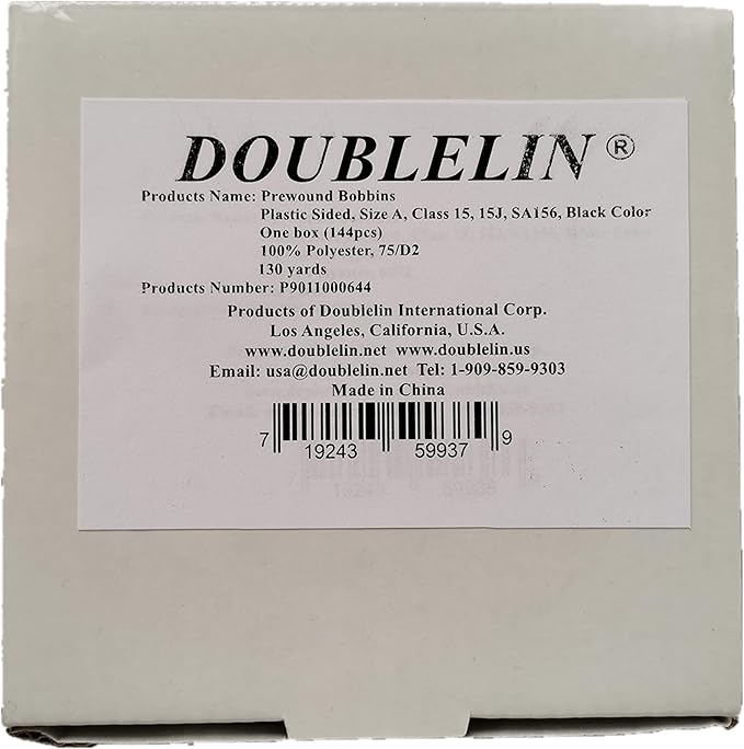 DOUBLELIN Prewound Bobbins, Size A/Style A/Class 15 / SA156 / Size 11.5, Plastic Sided, Polyester, 144 pcs – for Sewing & Embroidery Machines (75D/2 Black)