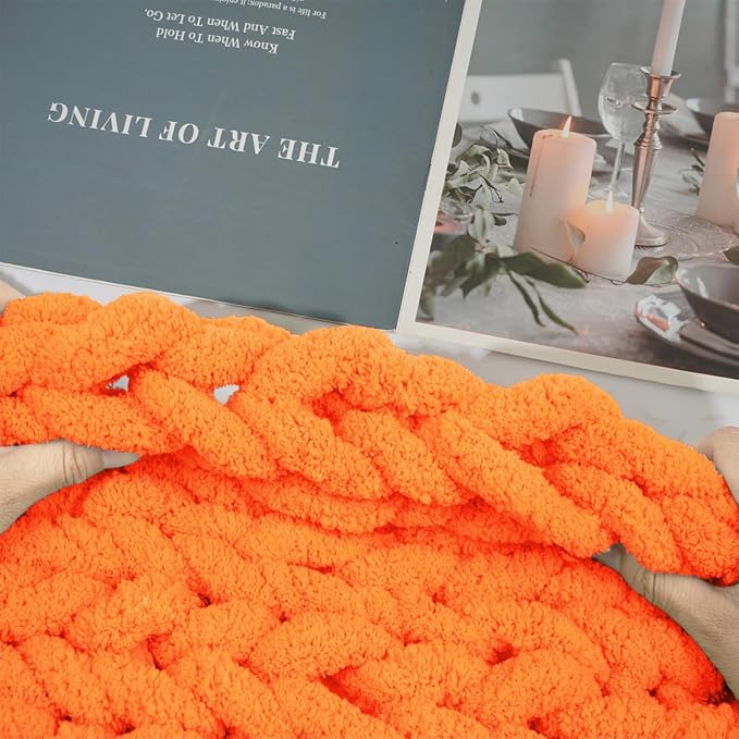 Chunky Yarn for Hand Knitting and Blankets – Super Soft Jumbo Chenille Yarn Pack for Crocheting, Bulky DIY Projects, 8 Skeins(Orange)