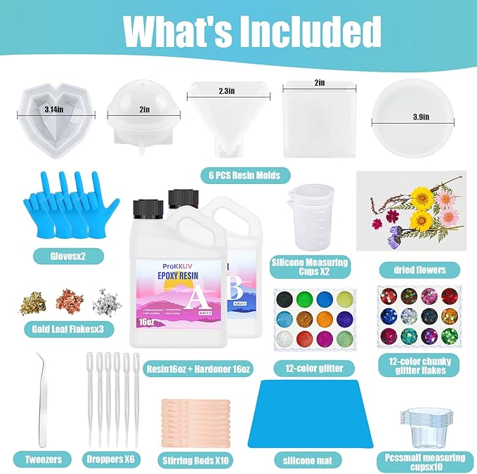 Epoxy Resin Kit, Crystal Clear Resin Epoxy, Bubble Free, No Yellowing, UV Resistant, Food Safe with Foil Flakes, Sequin, Easy Mix 1:1 for DIY Crafts Resin Jewelry Making (32 OZ Kits)