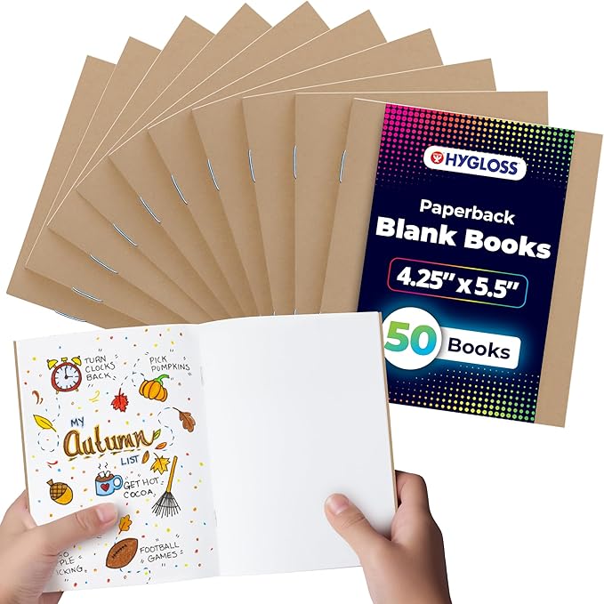 hygloss blank books - bulk 50 pack – 4.25" x 5.5" a6 kraft paperback blank books for kids to write stories, doodle, arts & crafts – plain drawing sketchbook, unlined journal, notebook without lines