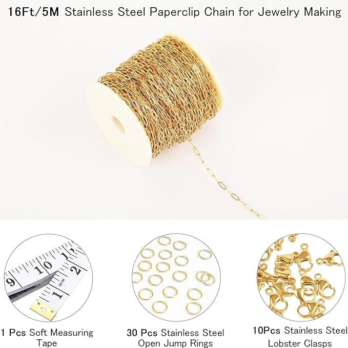 16Ft Stainless Steel Paperclip Chain for Jewelry Making, 2.5mm Width Gold Plated Paper Clip Link Chains Roll for DIY Necklace Bracelet Jewelry Making Supplies with Lobster Clasps Soft Tape Measure