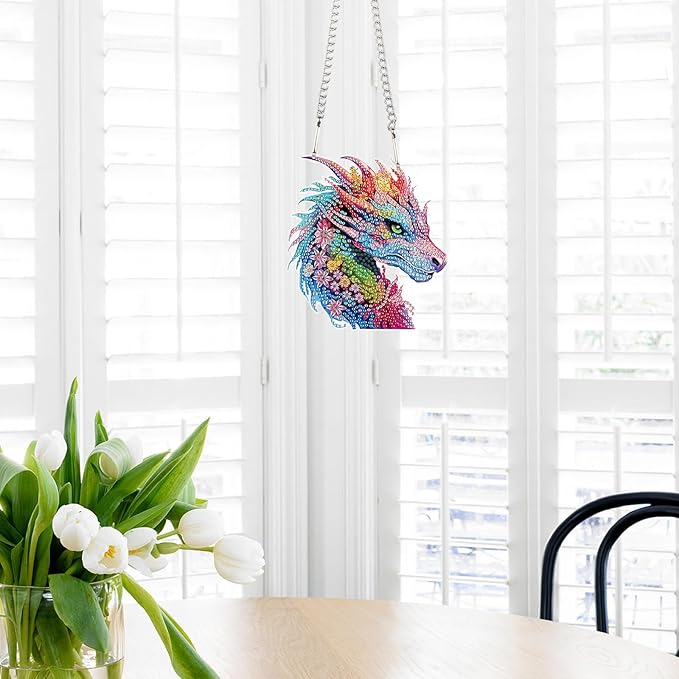 AiYuanzsh Colorful Dragon Diamond Art Painting Hanging Decor – DIY 5D Crystal Rhinestone Art Kit for Adults, Fantasy Window Wall Ornament Craft Gift