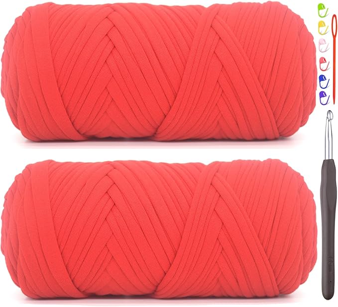 2 Pack Tshirt Yarn for Crocheting,Red T Shirt Chunky Elastic Fabric Thick T-Shirt Crochet Yarn for Beginners Crocheting Hand Knitting Bag/Basket/Coasters/DIY Crafts/Home Decor 2 * 200G(Red