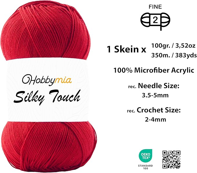 Silky Touch Acrylic Yarn - Soft Sport Weight Yarn for Crochet & Knitting - 100g / 383yds - 100% Microfiber Acrylic - Lightweight Fine Smooth Yarn(Red - Dark Red, 1 Skein)