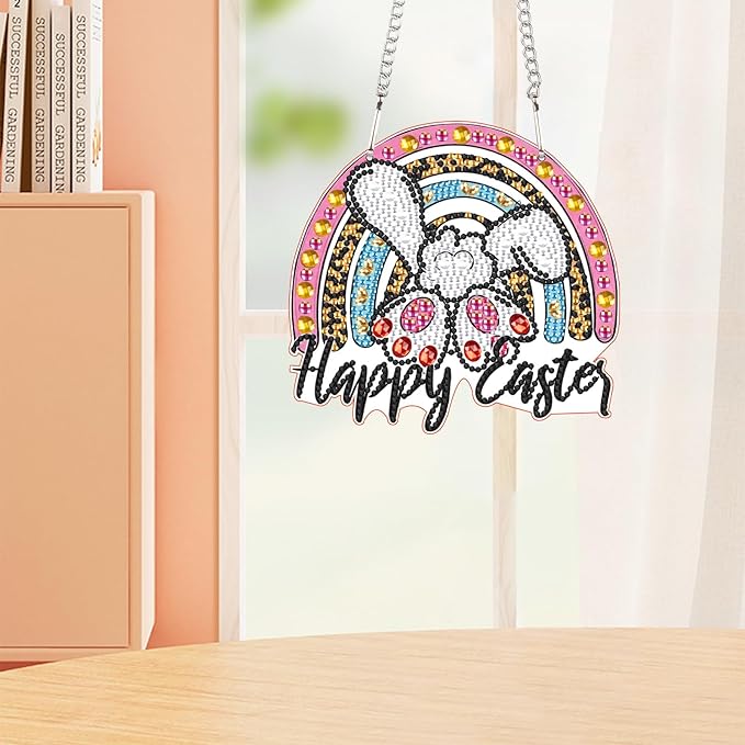 AiYuanzsh DIY Happy Easter Bunny Diamond Art Hanging Ornament, Special-Shaped Crystal Diamond Painting Pendant for Home and Office Decoration
