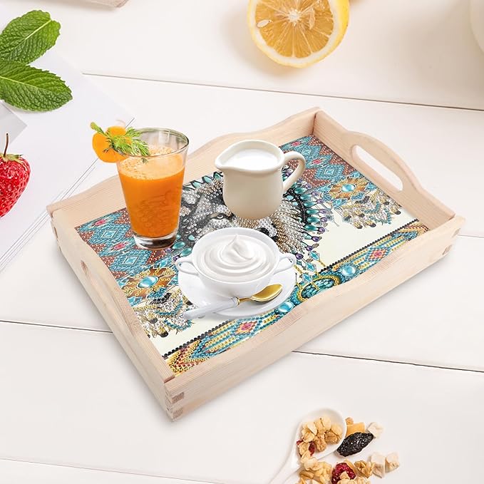 DIY Diamond Art Tray with Handle Diamond Art Painting Plate Creative Design Handmade Wooden Tray Mosaic Making Kits by Number Kits Diamond Art for Coffee Living Room Home Organizer (Dreamcatcher Wolf)