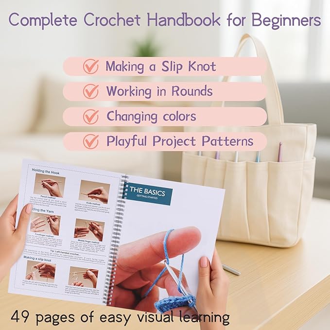 jc craft beginner crochet kit – 81 piece starter set with 15 colorful yarns, ergonomic hooks, complete supplies, white tote bag, accessories case, guide book & online video lessons