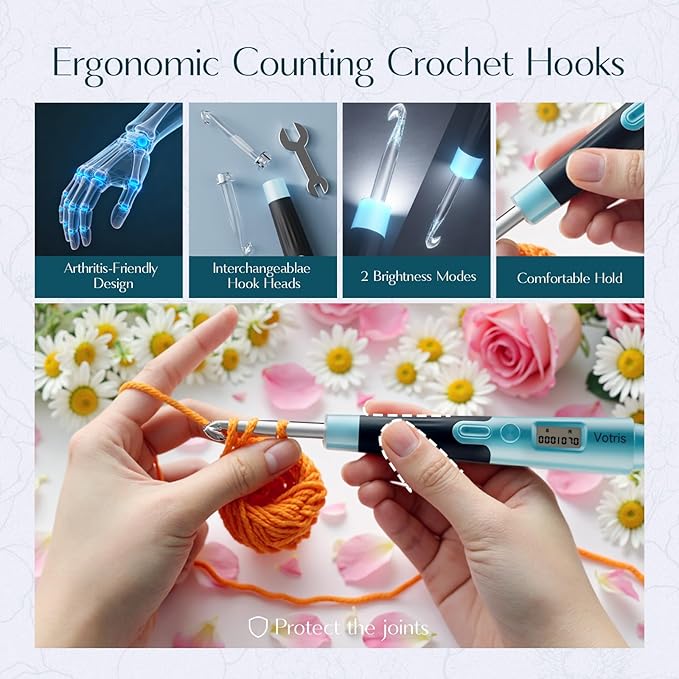 Votris 18 in 1 Counting Crochet Hooks, Light up Crochet Hook Set with Digital Stitch Counter 2.0mm-14.0mm, Rechargeable & Interchangeable Heads Lighted Crochet Hook Set, Ergonomic Handles for Beginner