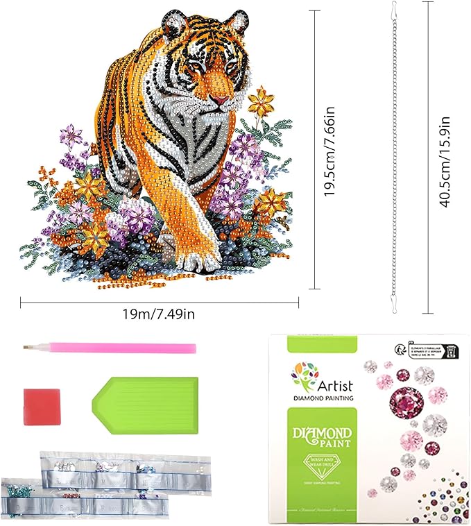 Lxmsja DIY Tiger Diamond Painting Hanging Ornament, Double-Sided Acrylic Lush Greenery Diamond Art Kit, Special Shaped Suncatcher Hanging Pendant Window Art Kit 8x8 inch