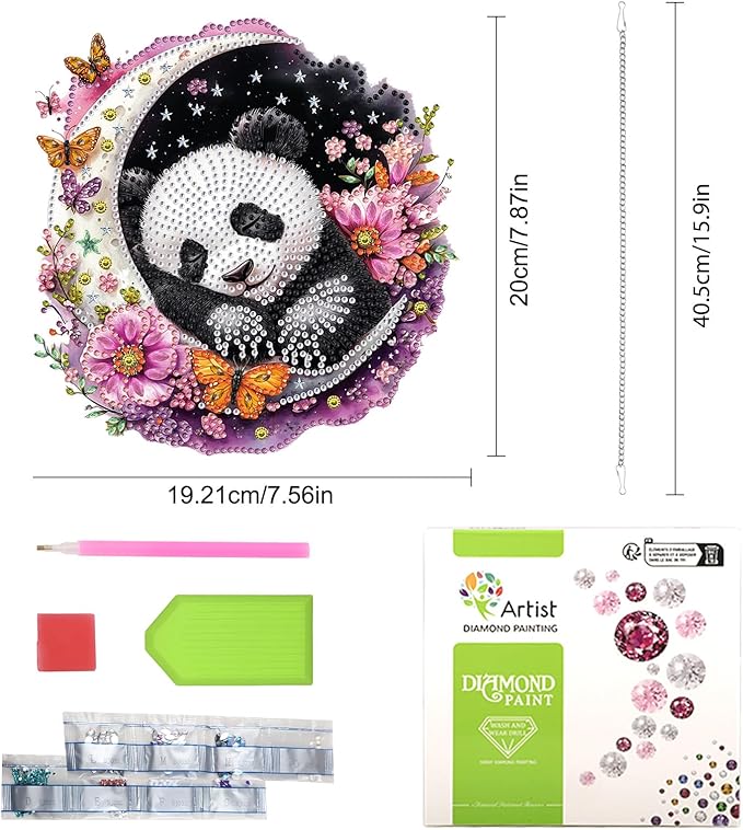 Lxmsja DIY Cute Panda Diamond Painting Hanging Ornament, Double-Sided Acrylic Dreamy Moon Diamond Art Kit, Special Shaped Suncatcher Hanging Pendant Window Art Kit