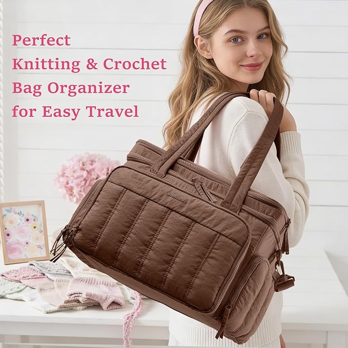 MYBAGZING Large Knitting & Crochet Bag Organizer for Yarn Storage, Double-Layer Knitting Project Bag with 6 Grommets, Yarn Organizer Tote for Knitting Supplies Crochet Hooks & Accessories Gift for Mom