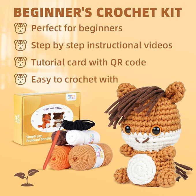 MOREJMTT Crochet Kit for Beginners, Learn to Crochet, Include Easy Knitting Soft Yarn, Step-by-Step Video Tutorial, Hook, Holiday Birthday Gift for Adults (Tiger & Stallion)