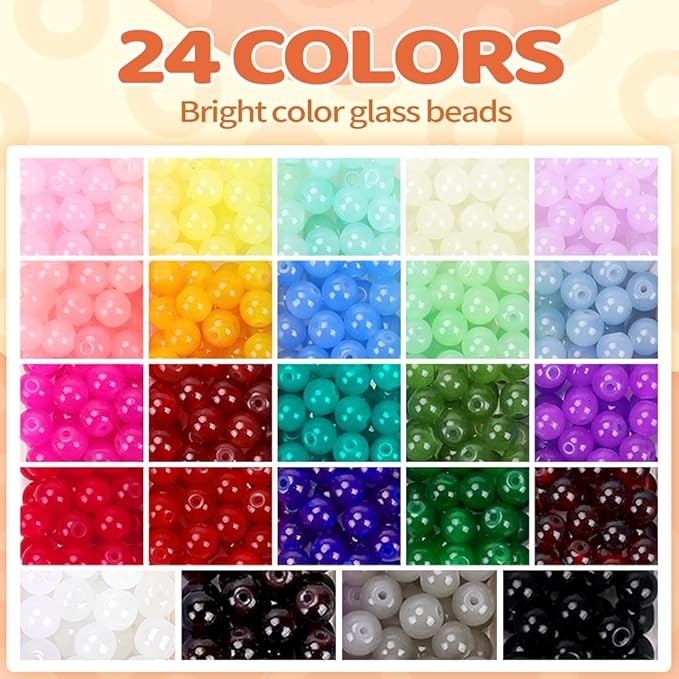 700pcs Glass Beads for Crafts– 24 Colors 8mm Crystal Glass Beads with Gold & Silver Spacer Beads and Elastic String for Bracelets, Necklace & DIY Crafts