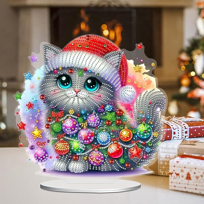 LAKEQUILL Christmas Diamond Painting Kits, Tabletop Ornament, Stand Up Diamond Art Desktop Kits for Home Office Decor, New Year Gift - Christmas Cat