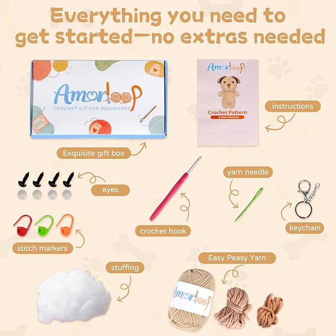 Crochet Kit for Beginners – Easy-to-See Stitches Yarn, Pre-Started Piece, and Step-by-Step Video Tutorials | Starter Crochet Set with Cute Animal Pattern – Original Handmade Golden Retriever Pattern