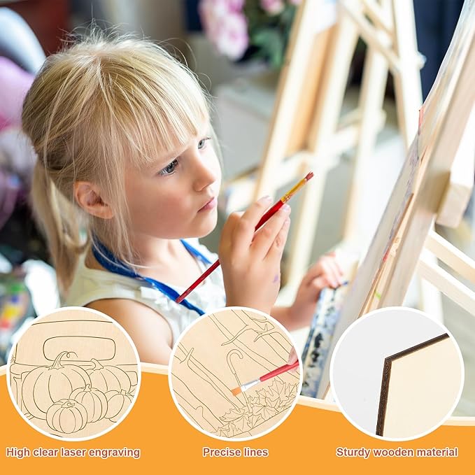 COCHIE 10PCS Large Fall Unfinished Wood Crafts to Paint for Adults, Bulk Predrilled Wooden Ornaments for Painting, Pumpkin Scarecrow Maple Leaf Paintable Wood Slices Craft Supplies with Ropes