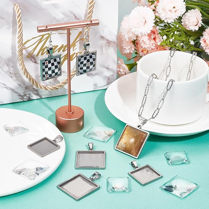 SUNNYCLUE 1 Box 20Pcs Pendant Tray Set Blank Bezel Pendant Trays Stainless Steel Charm Blanks Cabochon Settings Cabochon Bezels for Jewelry Making DIY Findings Supplies