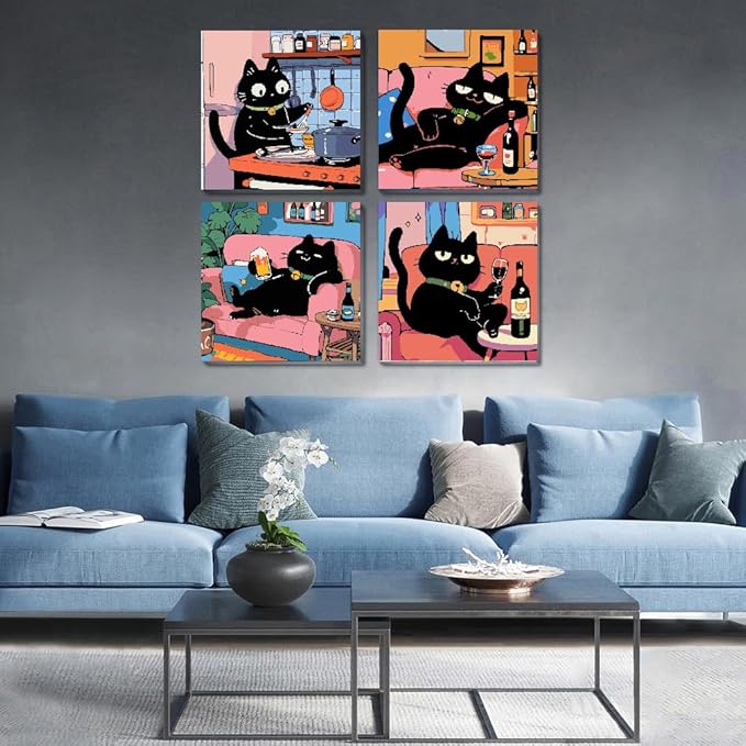 4Pack Funny Black Cat Kitchen Paint by Numbers Kit for Kids, Vintage Animals Easy Framed Adults Paint by Numbers Kits, DIY Cute Cat Acrylic Oil Painting Number Kits for Home Wall Decor (8 x 8 Inch)