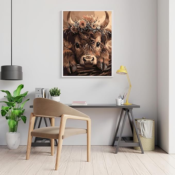 Mosaflare Paint by Numbers for Adults Beginner, Highland Cow Adult Paint by Number Kits on Canvas, DIY Acrylic Oil Easy Painting by Numbers for Home Wall Decor 12X16 inch (Without Frame)