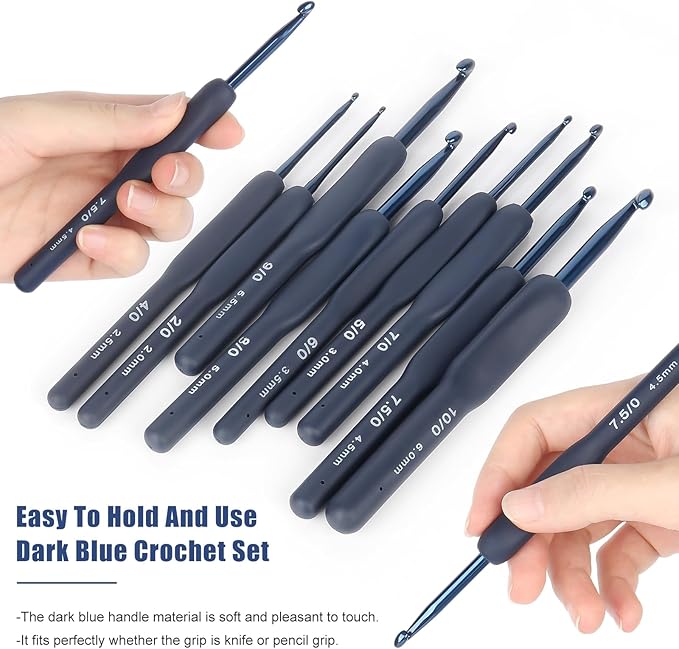 Coopay Dark Blue Crochet Hooks Ergonomic Soft Grips, 9PCS Crochet Set Aluminum Crochet Needle for Beginners/Professionals, Ergonomic Crochet Hook Set for Arthritic Hands, Ideal Crochet Accessories