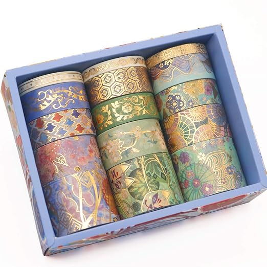 YUBBAEX Splendid Gold Washi Tape Set Embroidery Pattern Foil Decorative Tapes for Arts, DIY Crafts, Journal Supplies, Planners, Scrapbook, Card/Gift Wrapping -15 Rolls- (Splendid Embroidery)