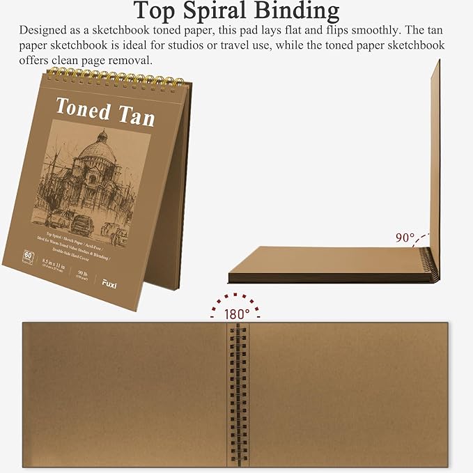 fuxi toned tan sketchbook 8.5x11, 60 sheets acid- free tan paper, spiral bound sketch book, hardcover | ideal for artists, students & classrooms.