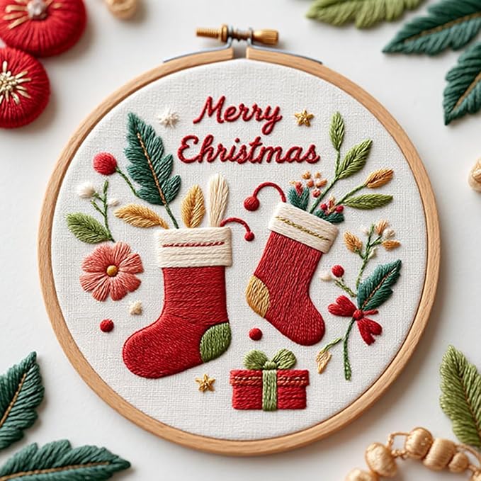 COCOMOX Christmas Embroidery Kit for Beginners, 3 Set Cross Stitch Kits for Adults Santa Claus Christmas Tree Patterns Handmade DIY Gift