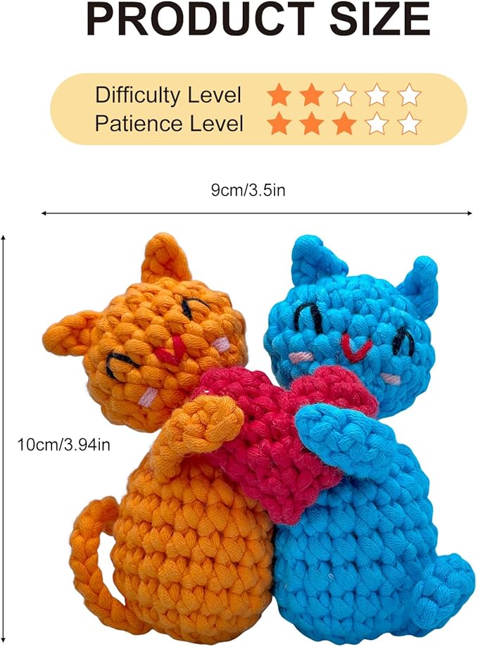 Love Heart Cat Crochet Kit for Beginners, Learn to Crochet Animal Starter Set with Video Tutorial & Crocheting Manual, Easy Yarn Knitting Kit for Adult & Kid 12+, Stuffed Kitten Doll Xmas Gift Idea