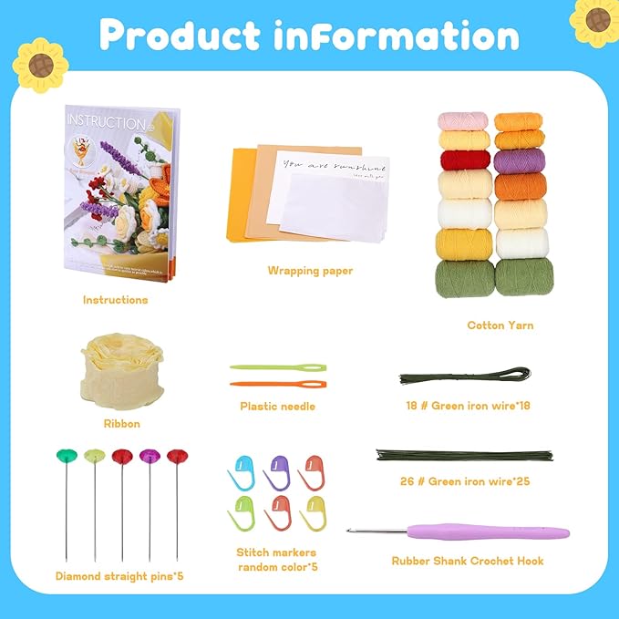 Iuuidu Crochet Kit for Beginners, Flower Bouquet Crochet Kit Rose, Knitting Starter Kit with Crochet Yarn and Step-by-Step Instructions for Birthday, Wedding Anniversary Day Present