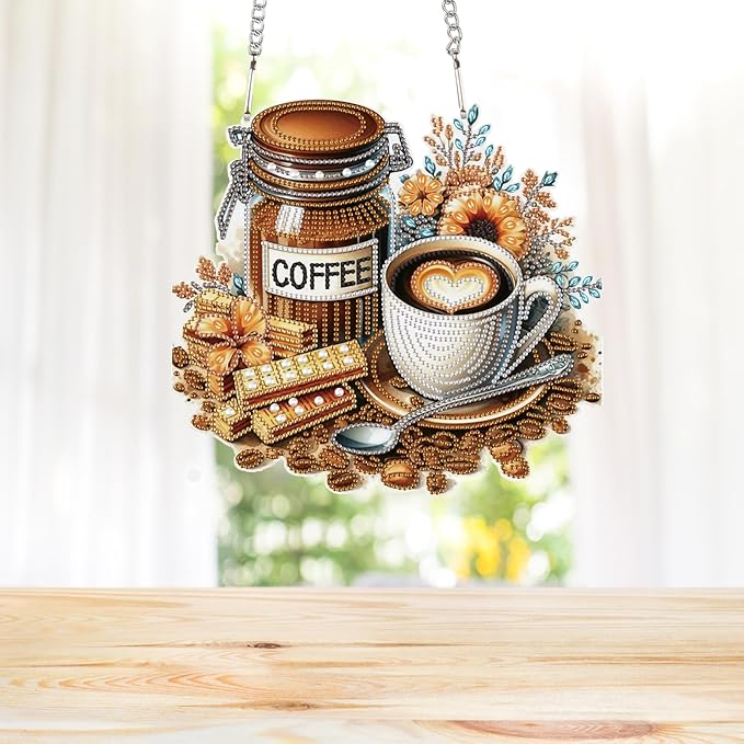 Diamond Art Painting Pendant Kits with Hanging Chain 5D Diamond Art Hanging Kit DIY Diamond Crystal Window Door Hanging Pendant Kit for Adults Gift Wall Home Christmas Decoration 25.2x23.3 cm, Coffee