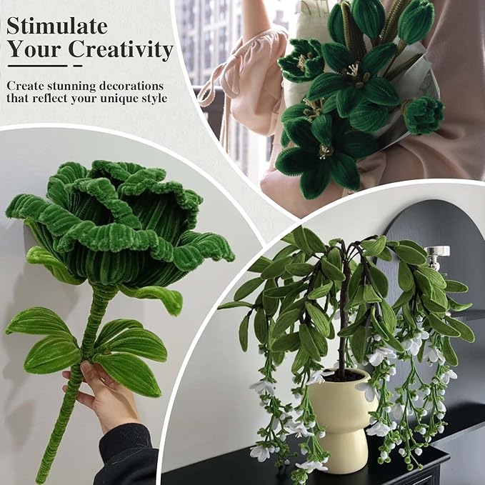 985-Piece Jumbo Size Premium Muti-Color Pipe Cleaner Craft Kit with Floral Supplies - Chenille Stems, Flower Wires, Stamens & Video Tutorial for Wedding Decorations (Green White Set, Jumbo Craft Set)