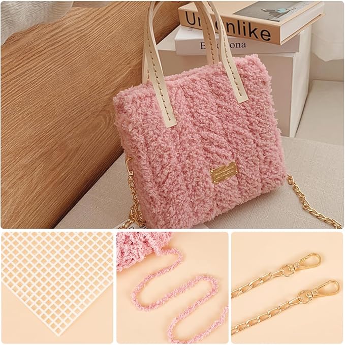 WADORN DIY Knitting Crochet Bag Making Kit, Handmade Woven Tote Bag Making Materials Set Women Shoulder Bag Making Accessories Hand Crafting Yarn Weaving Kit Birthday Christmas Gift, Pink