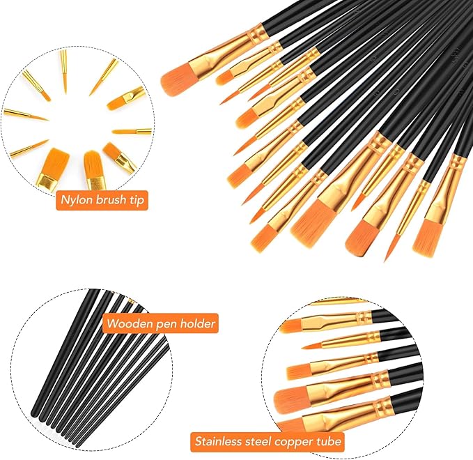 Acrylic Paint Brush Set, (20 Packs /200 pcs) Nylon Hair Brushes for Oil and Watercolor, Perfect Suit of Art Painting, Best Present for Painting, Black