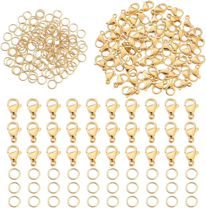 PH PandaHall 60pcs Lobster Claw Clasps with 120 pcs 6mm 20 Gauge 304 Stainless Steel Jump Rings for Earring Bracelet Necklace Pendants Jewelry DIY Craft Making, Golden