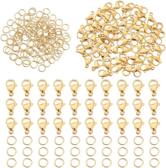PH PandaHall 60pcs Lobster Claw Clasps with 120 pcs 6mm 20 Gauge 304 Stainless Steel Jump Rings for Earring Bracelet Necklace Pendants Jewelry DIY Craft Making, Golden