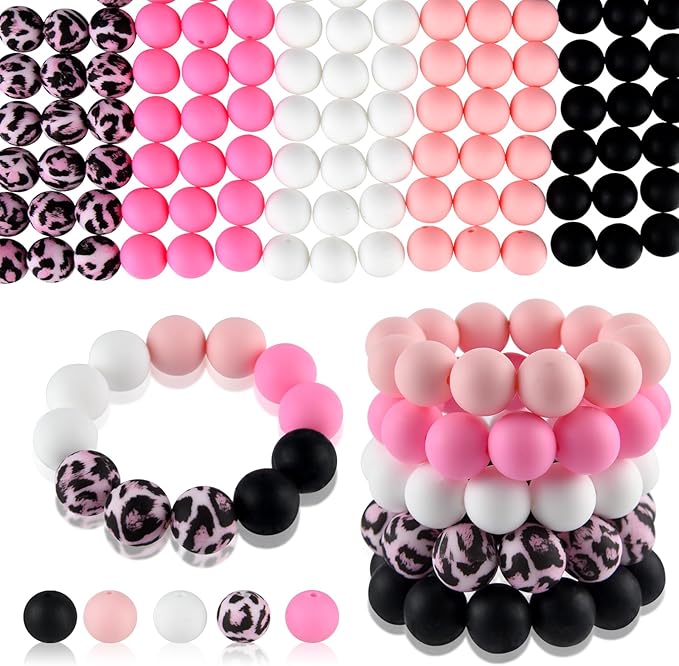 ASTARON 100 Pcs 15mm Silicone Beads for Keychain Making, Light-Pink, Black, White, Pink Leopard Print, Round, Loose Beads for Bracelets, Pens, Crafts Supplies