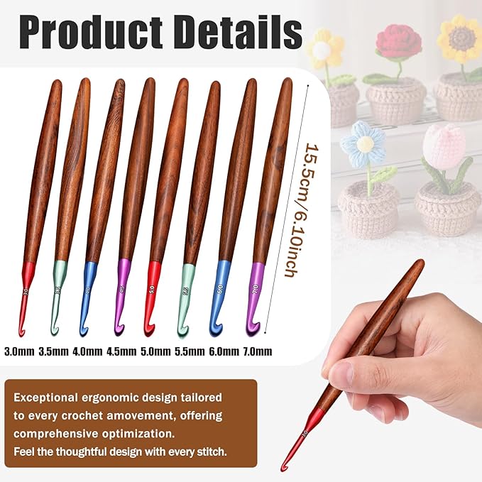 Giwrmu Crochet Hooks 8 PCS, 3mm-7mm Ergonomic Crochet Hook Set, Aluminum Crochet Hook with Wooden Handle, Crochet Needles for Arthritic Hands Knitted Gloves, Sweaters, Scarves and Blankets