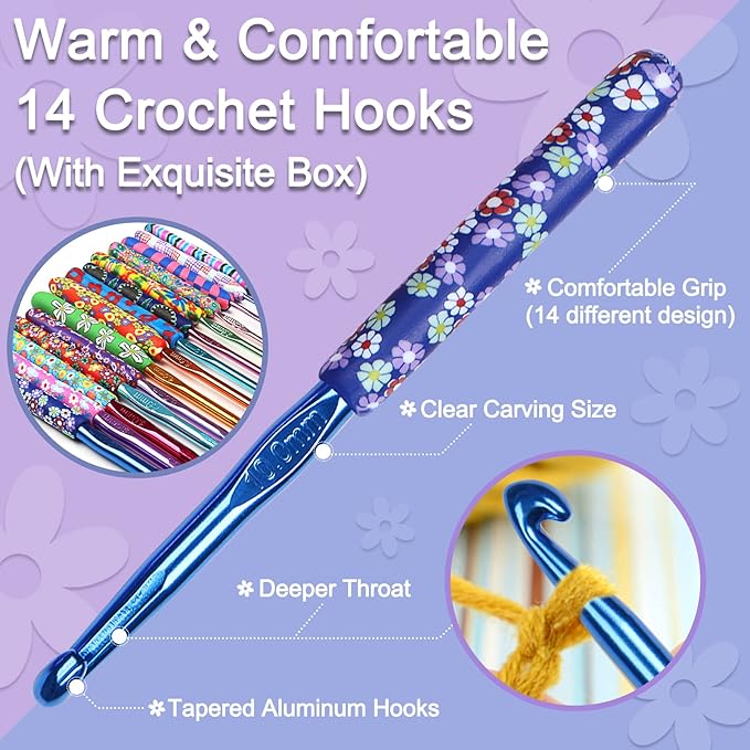 Coopay 14pcs New Warm Crochet Hooks for Beginner Crochet Hook Set, 2mm to 10mm Art Aluminum Comfy Grip Crocheting Needle Knitting Supplies Christmas Crocheting Gifts for Crocheters, Best Gift