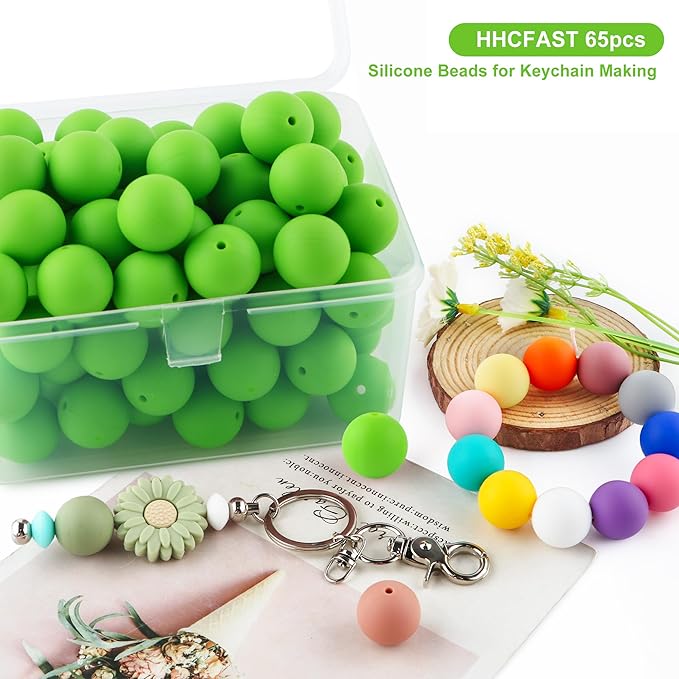 65Pcs 19mm Silicone Beads for Keychain Making Bracelet Necklace, Bulk Round Silicone Beads for Pens（Chartreuse）