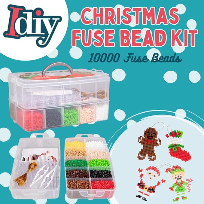 10,000-Piece Holiday Fuse Bead Kit for DIY Xmas Ornaments - 8 Unique Christmas Designs w Peg Boards, Tweezers, Ironing Papers - Great for Homemade Ornaments, Holiday Classroom Parties Family Activity