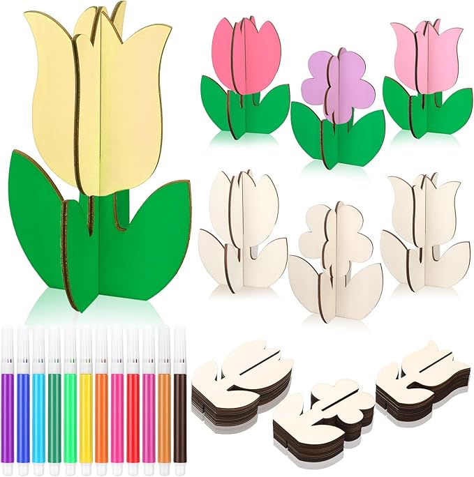 Blosssound 48 Pcs Spring Crafts Set 36 Pcs 3D Wooden Flower Cutouts Unfinished Tulip Slices Wood Daisy to Paint with 12 Colored Pens for Mother's Day Summer Easter Floral Handmade Crafts DIY Projects