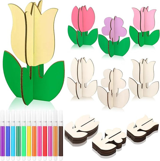 Blosssound 48 Pcs Spring Crafts Set 36 Pcs 3D Wooden Flower Cutouts Unfinished Tulip Slices Wood Daisy to Paint with 12 Colored Pens for Mother's Day Summer Easter Floral Handmade Crafts DIY Projects