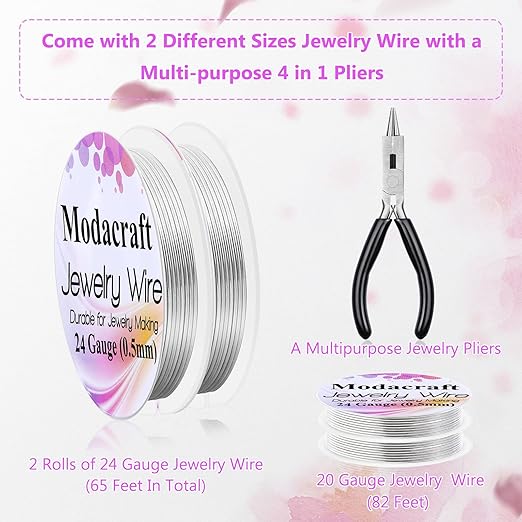 3Rolls 20/24 Gauge Silver Wire with 4 in 1 Jewelry Pliers, Modacraft Tarnish Resistant 20 Gauge Craft Wire 24 Gauge Jewelry Wire for Jewelry Making Supplies and Craft