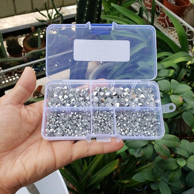 Translucent Silver Bicone Glass Beads for Jewelry Making, Faceted Crytal Spacer Beads for Bracelet Necklace Earring (3mm 4mm 6mm 8mm Mixed Sizes, 1040pcs)