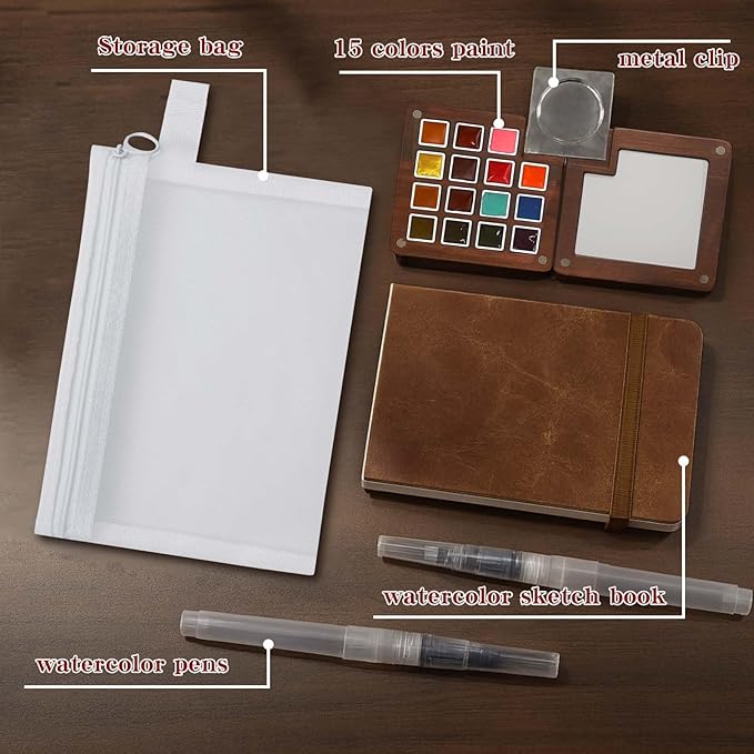 Mini Watercolor Paint Set - 15 Color Travel Watercolor Palette Set - Portable Water Color Paint Set with Watercolor Journal, Binder Clips,Pens,Storage Bag, Wooden Box for Beginners Painters Artists Student